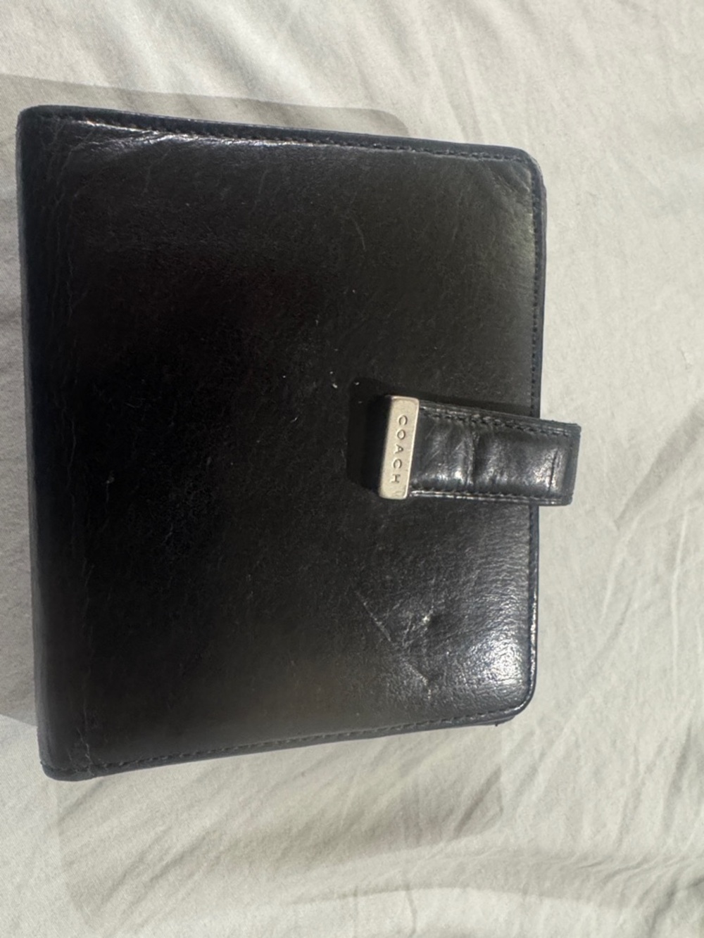 Coach Black Leather Snap Wallet with Logo Plaque